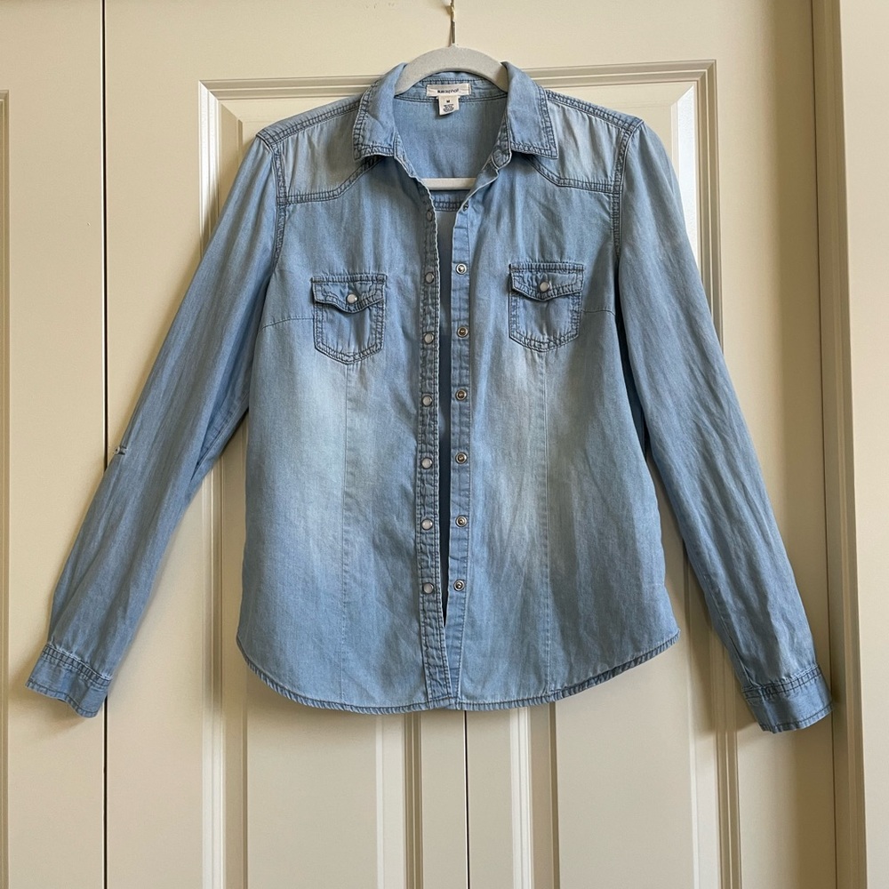BLUE Asphalt distressed jean button down shirt